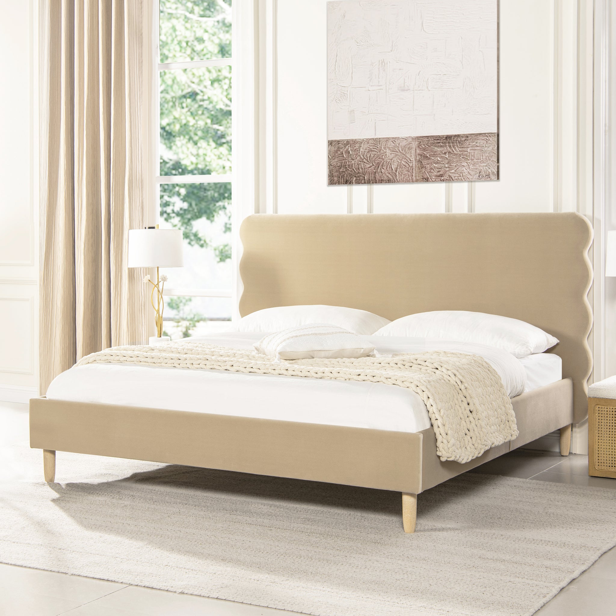 Stockholm Modern Wavy Headboard Platform Bed, King, Fawn Brown Performance Velvet King Brown Wood Foam Velvet Velvet
