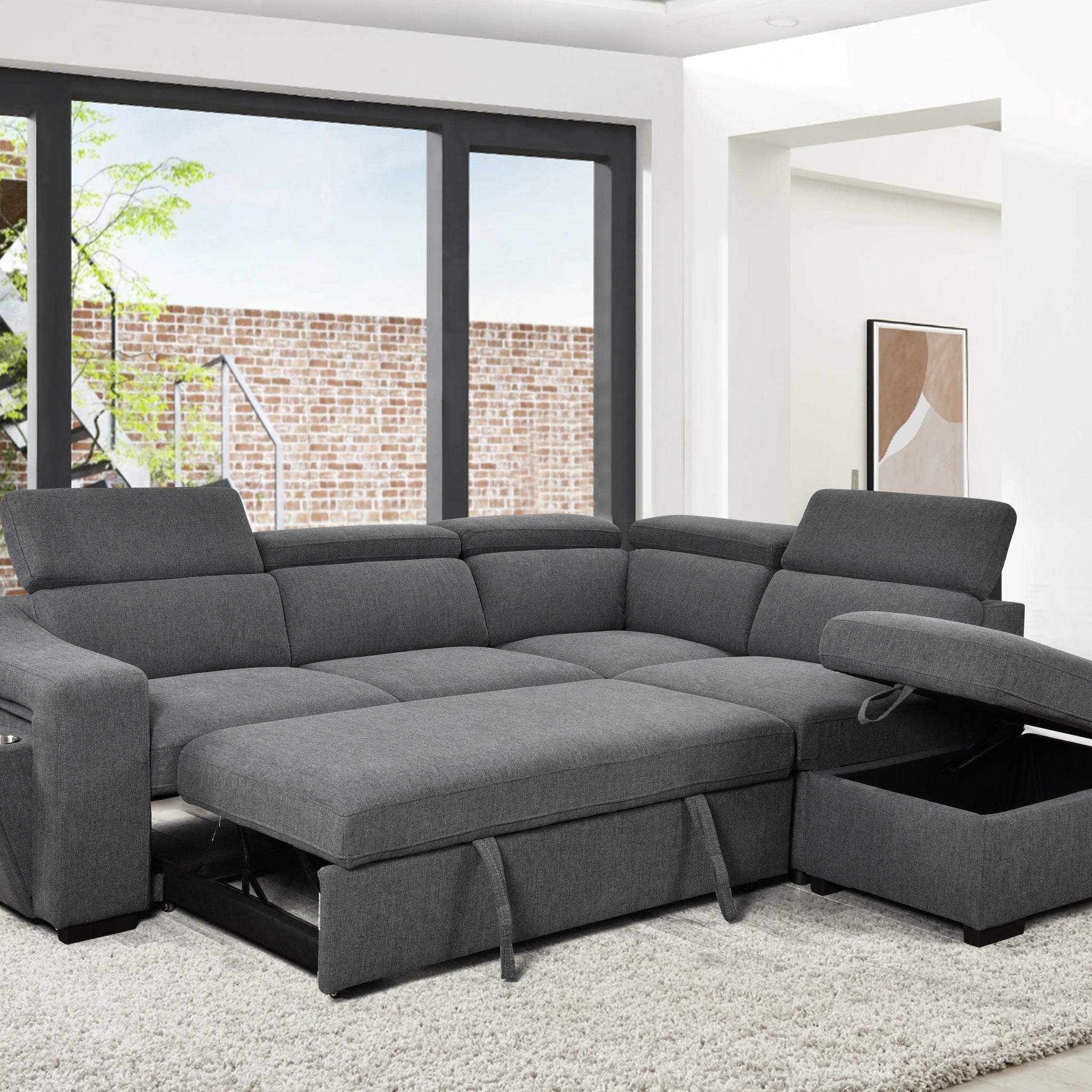 105"L Shape Sectional Sofa With Pull Out Bed And Ottoman Storage Space, Convertible Sleeper Couch, Arm With 1 Cup Holders And Wirelessly Charged, For Living Room, Apartment, Dark Gray Light Brown
