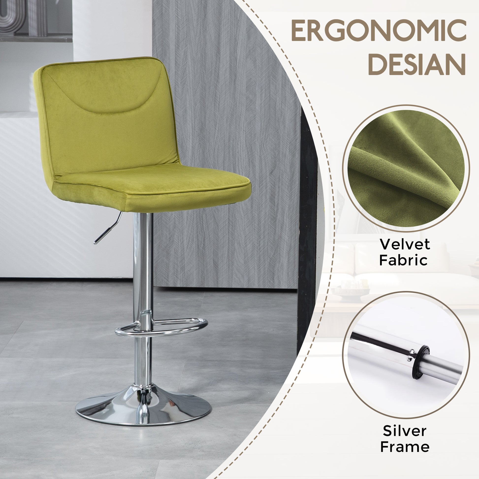 Coolmore Bar Stools With Back And Footrest Counter Height Dining Chairs 2Pc Set,360 Velvet Swivel Bar Stools Set Of 2, Adjustable Counter Height Bar Chairs Olive Velvet Olive Foam Velvet