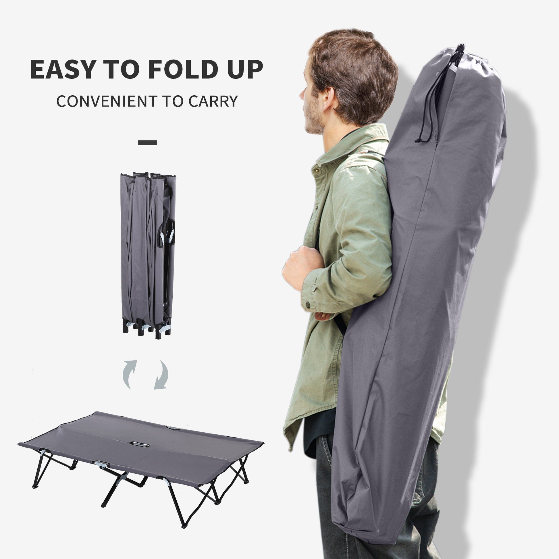 Outsunny 2 Person Folding Camping Cot For Adults, 50" Extra Wide Outdoor Portable Sleeping Cot With Carry Bag, Elevated Camping Bed, Beach Hiking, Grey Grey Steel