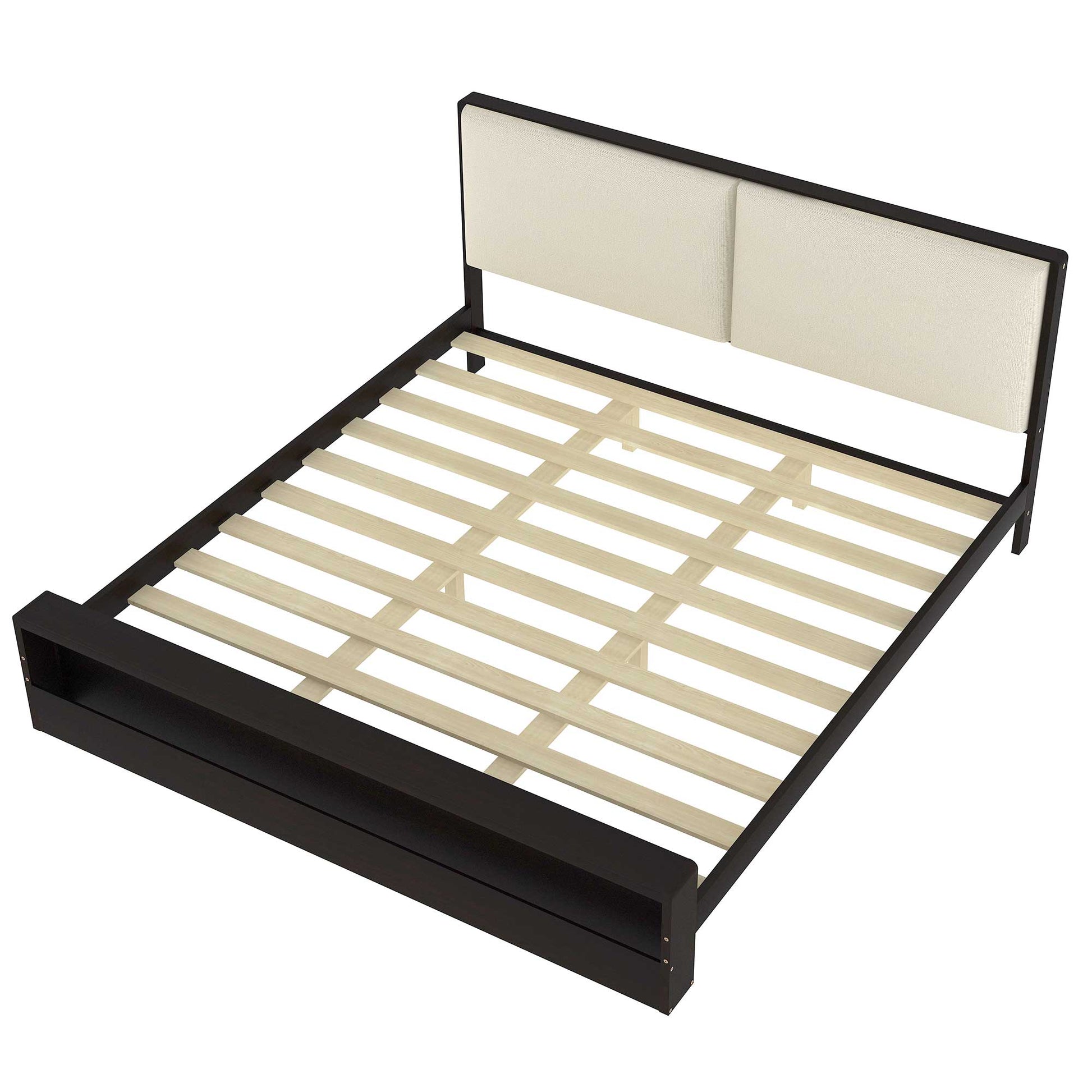 King Size Platform Bed Frame With Upholstery Headboard And Bookshelf In Footboard And Led Light Strips, Espresso King Espresso Solid Wood Mdf