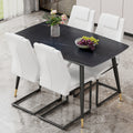 Table And Chair Set. Large Modern Rectangular Table With Black Textured Top And Black Metal Legs. Soft And Comfortable Pu Seats, Faux Leather Upholstered Seats And Sturdy Metal Legs. White Black Seats 4 Sintered Stone