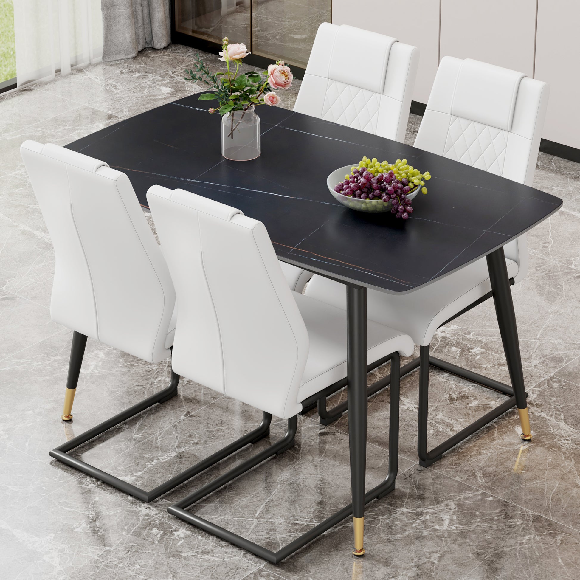 Table And Chair Set. Large Modern Rectangular Table With Black Textured Top And Black Metal Legs. Soft And Comfortable Pu Seats, Faux Leather Upholstered Seats And Sturdy Metal Legs. White Black Seats 4 Sintered Stone