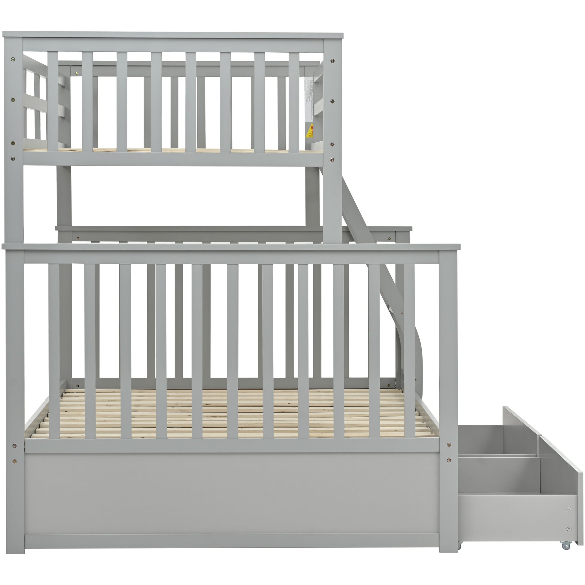 Twin Over Full Bunk Bed With Storage Drawers, Wooden Bunk Bed With Ladder And Safety Guard Rails Gray Full Gray Wood