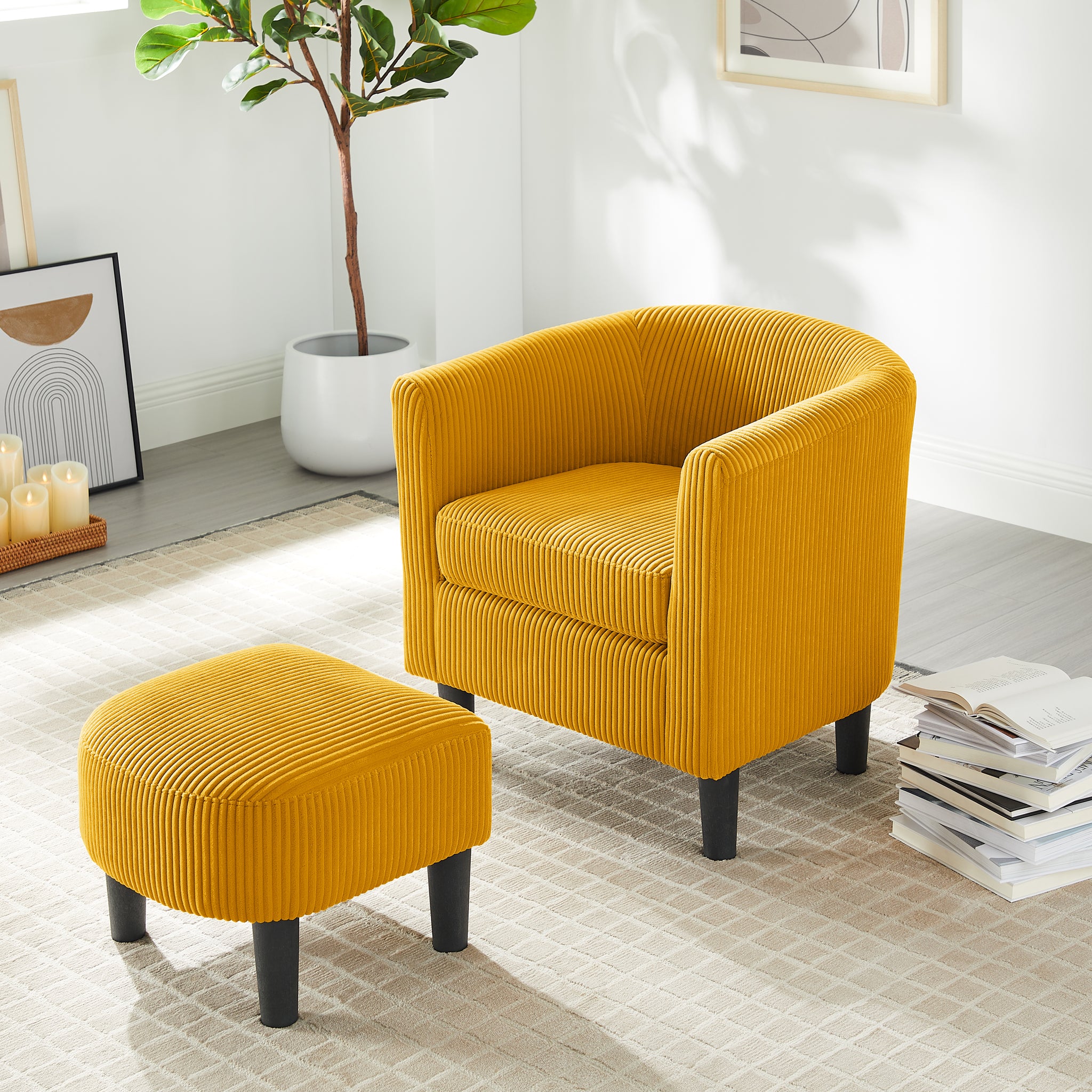 Modern Accent Chair,Upholstered Arm Chair Corduroy Single Sofa Chair With Ottoman Foot Rest Comfy Armchair For Living Room Bedroom And Office,Yellow Yellow Corduroy