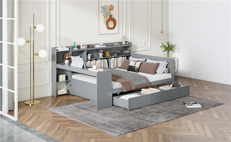 Full Size Wooden Daybed With 3 Drawers, Usb Ports And Deskgray Full Gray Wood