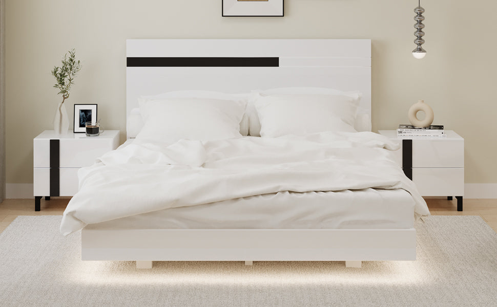 Modern High Gloss 3 Piece Bedroom Set Floating Bed Frame Queen Size Platform Bed With Led Light & 2 Nightstands, White Box Spring Not Required Queen White Wood 3 Piece Set Solid Wood Mdf