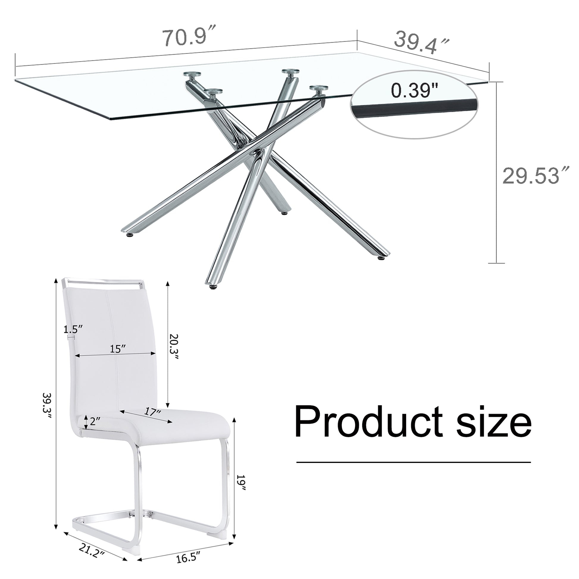 Table And Chair Set.Modern Luxurious Transparent Tempered Glass Dining Table Set.Paried With 6 Chairs With Pu Cushion And Silver C Tube Metal Legs. Transparent,White Seats 6 Glass Metal
