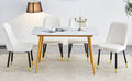 Table And Chair Set.A Morden Table With White Imitation Marble Patterned Stone Burning Tabletop With Golden Metal Legs.Paried With 4 Chairs With Pu Leather Backrest And Black Metal Legs. Black,White Gold Seats 4 Metal,Sintered Stone