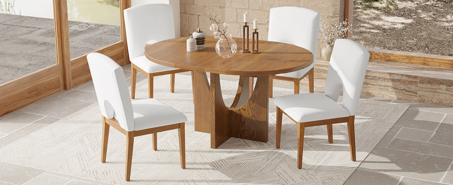Modern 5 Piece Extendable Round Dining Table Set With 16.2Inch Removable Leaf For Small Places, Walnut Beige Wood Dining Room Solid Wood Rubberwood Round Dining Table With Chair Upholstered Chair Wood Walnut Seats 4 Removable Leaf Contemporary Round