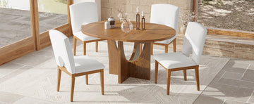 Modern 5 Piece Extendable Round Dining Table Set With 16.2Inch Removable Leaf For Small Places, Walnut Beige Wood Dining Room Solid Wood Rubberwood Round Dining Table With Chair Upholstered Chair Wood Walnut Seats 4 Removable Leaf Contemporary Round