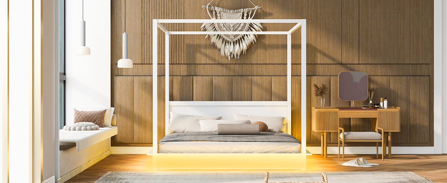 King Size Wood Led Canopy Bed ,Canopy Platform Bed With Support Slats, No Box Spring Needed, Whitekig King White Plywood