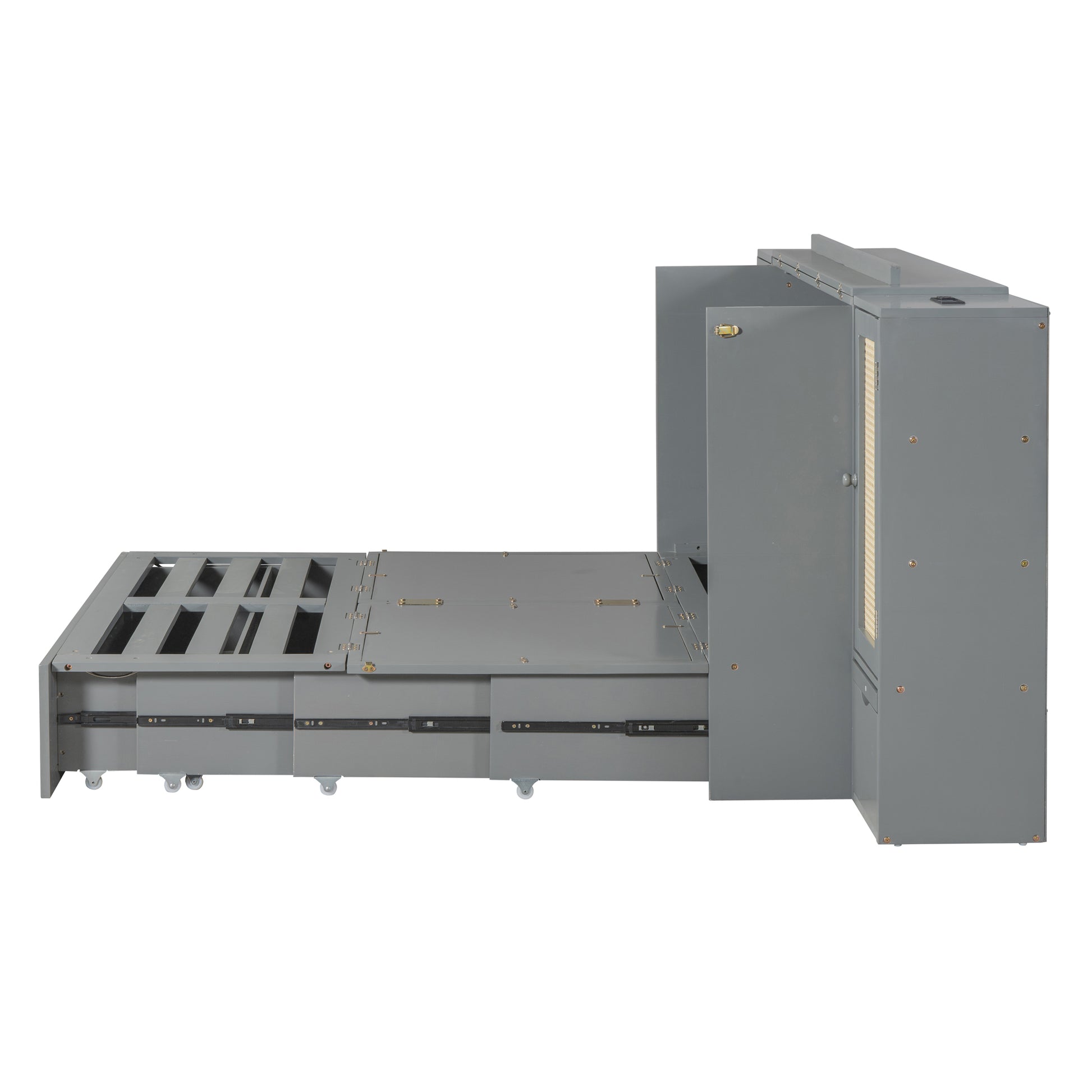 Queen Size Murphy Bed Wall Bed With Drawer And Rattan Decoration With 2 Storage Cabinets, One Set Of Sockets & Usb Ports, Pulley Structure Design, Gray Queen Gray Plywood