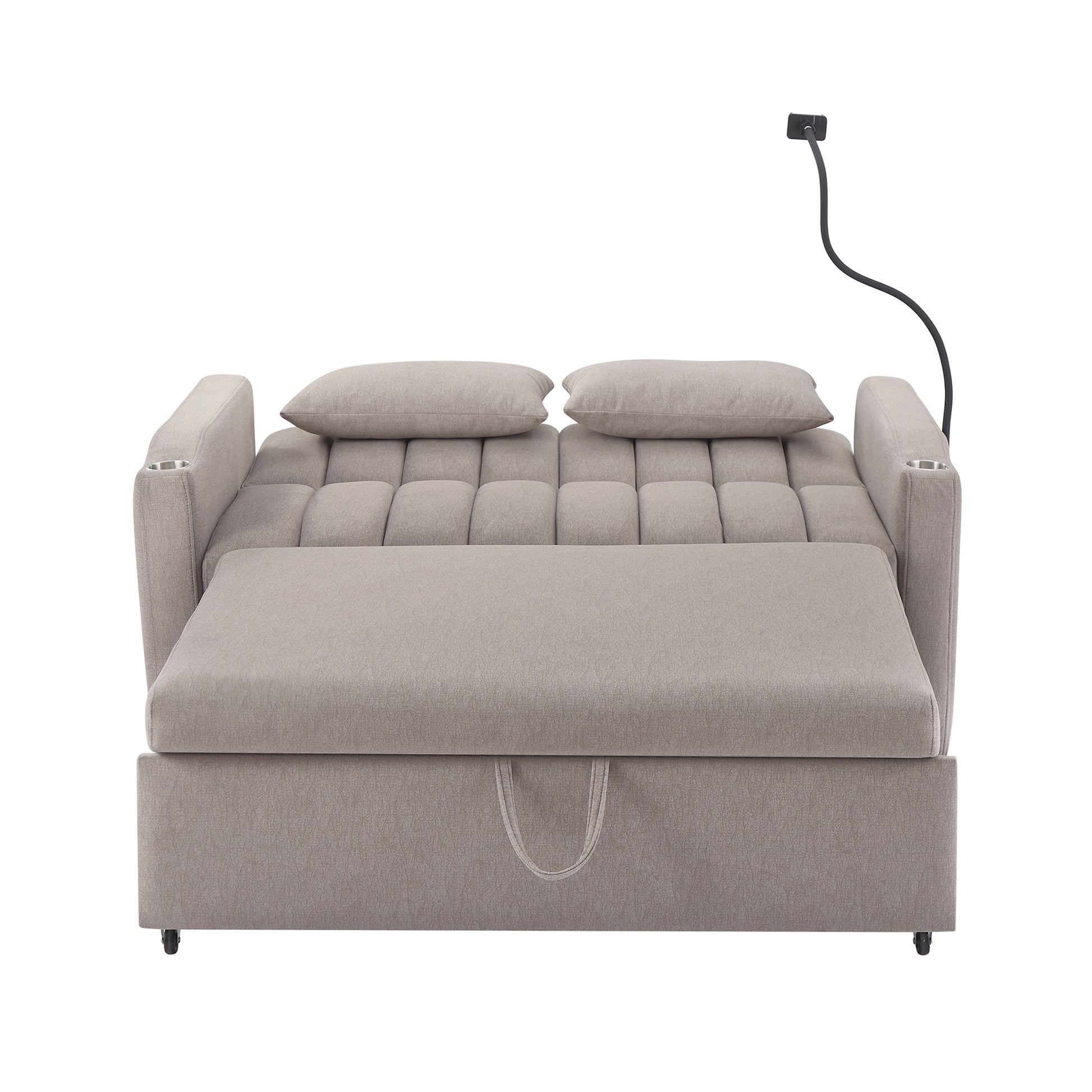 55.9" Convertible Sofa Bed Loveseat Sofa With Three Usb Ports, Two Side Pockets, Two Cup Holders And 360 Swivel Phone Holder For Living Room, Light Grey Light Grey Foam Polyester