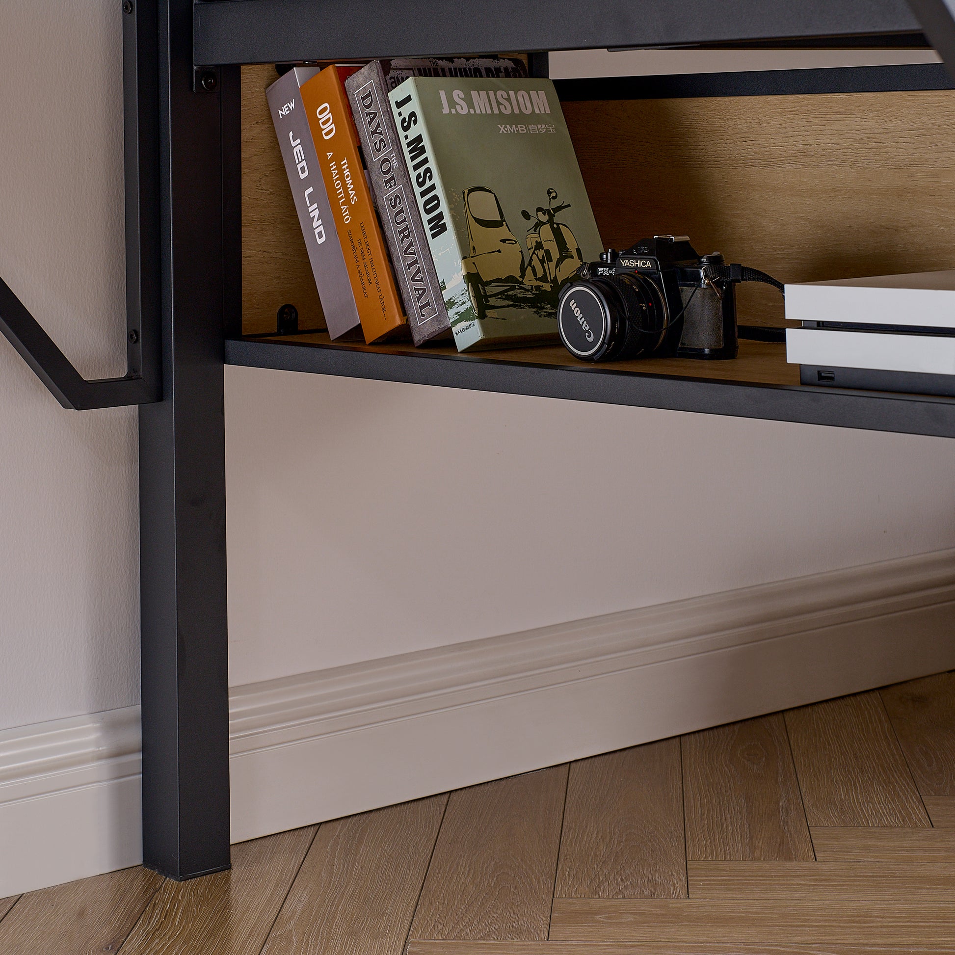 Single Metal Loft Bed With Rectangular Desk, Led Lights, Led Loft Bed Frame Double Bed With Storage Shelves And Hanging Storage Compartments, Safety Guard And Ladder, No Box Springs Required, Rattan G Twin Black Natural Mdf Iron