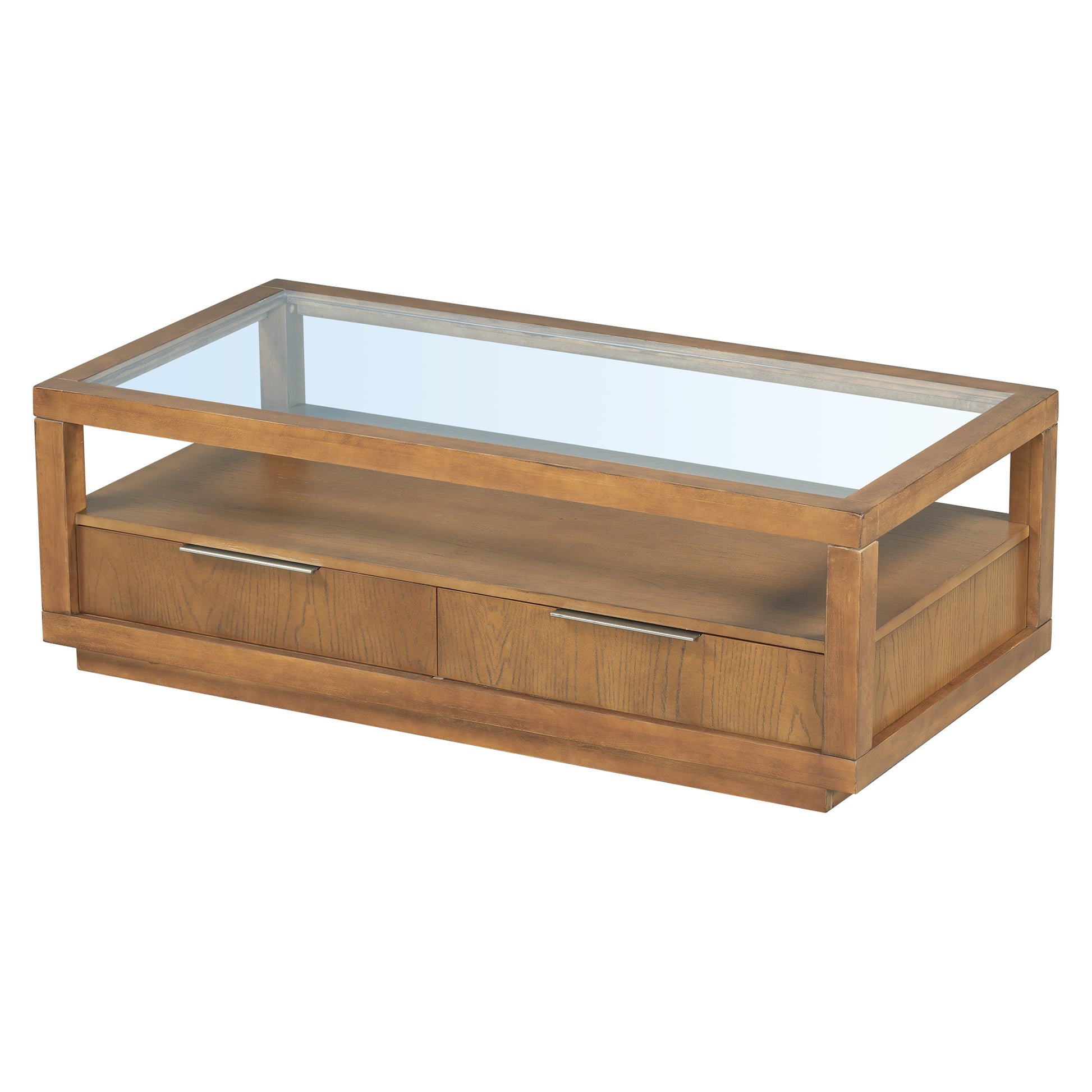 Modern Wood Coffee Table With 2 Drawers ,Minimalist Display Coffee Table With Transparent Tempered Glass, Open Storage Shelf For Living Room Brown Solid Wood Mdf
