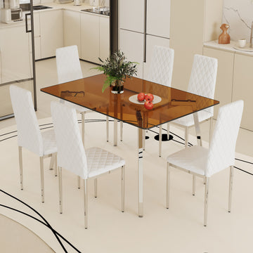 Table And Chair Set.Large Modern Rectangular Table With Brown Glass Top And Silver Metal Legs. Paired With 6 White Chairs With Checkered Armless High Back Pu Cushion And Silver Metal Legs. Silver,White Seats 6 Glass Metal