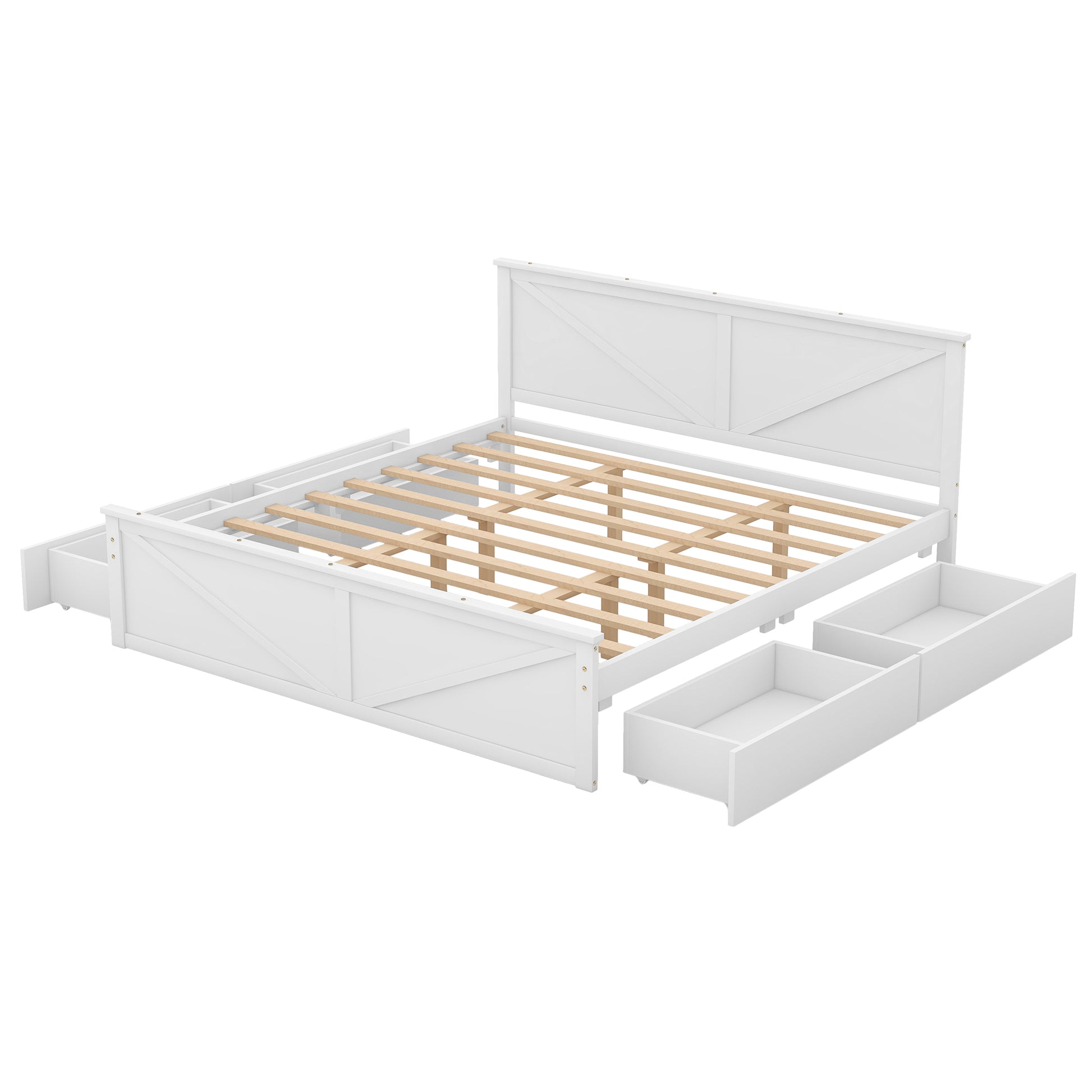 King Size Wooden Platform Bed With Four Storage Drawers And Support Legs, White King White Pine