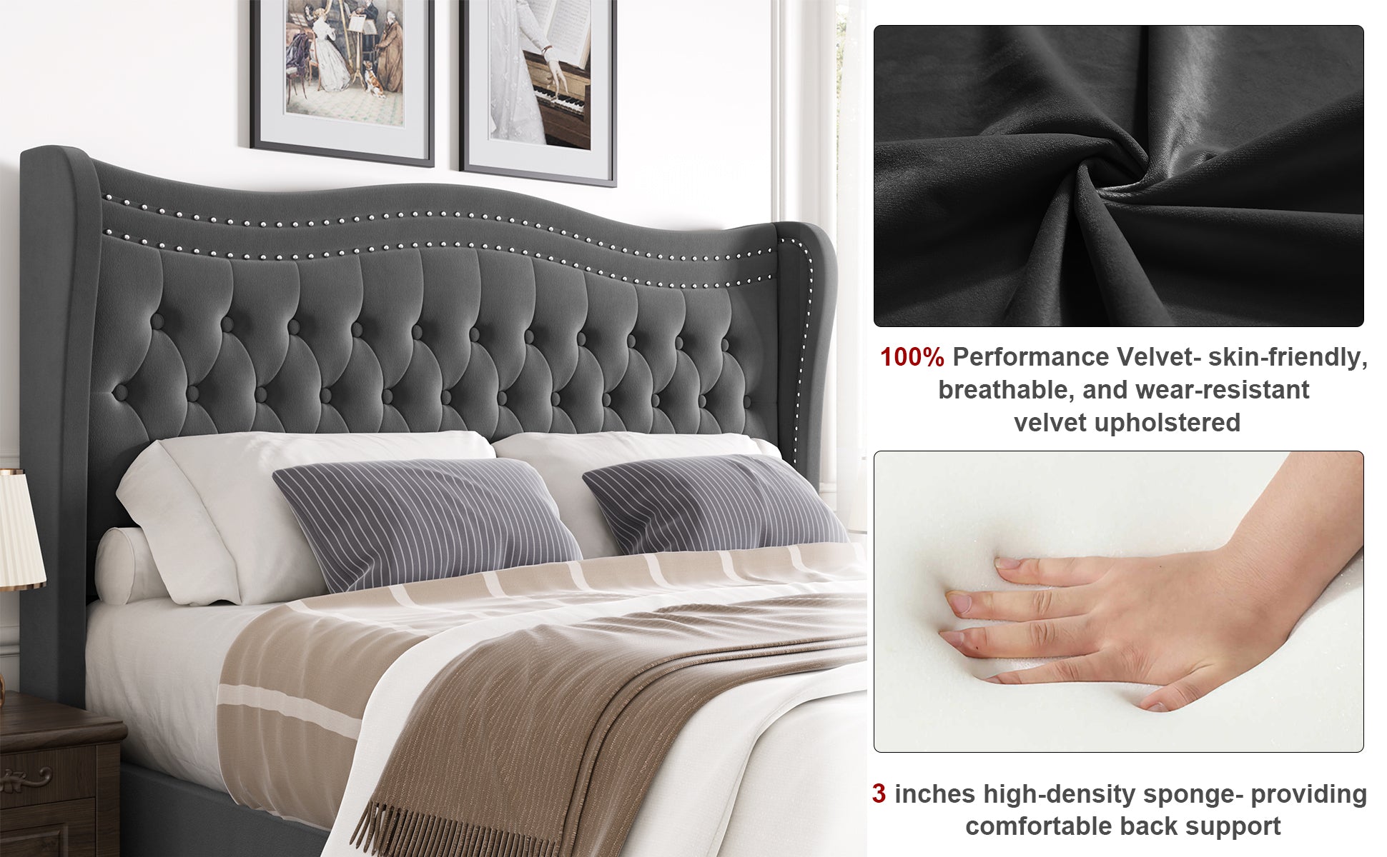 Lift Up Velvet Gray Queen Size Bed Box Spring Not Required Queen Gray Wood Light Brown Bedroom American Design Poplar Slat Beds Foam Velvet Upholstered