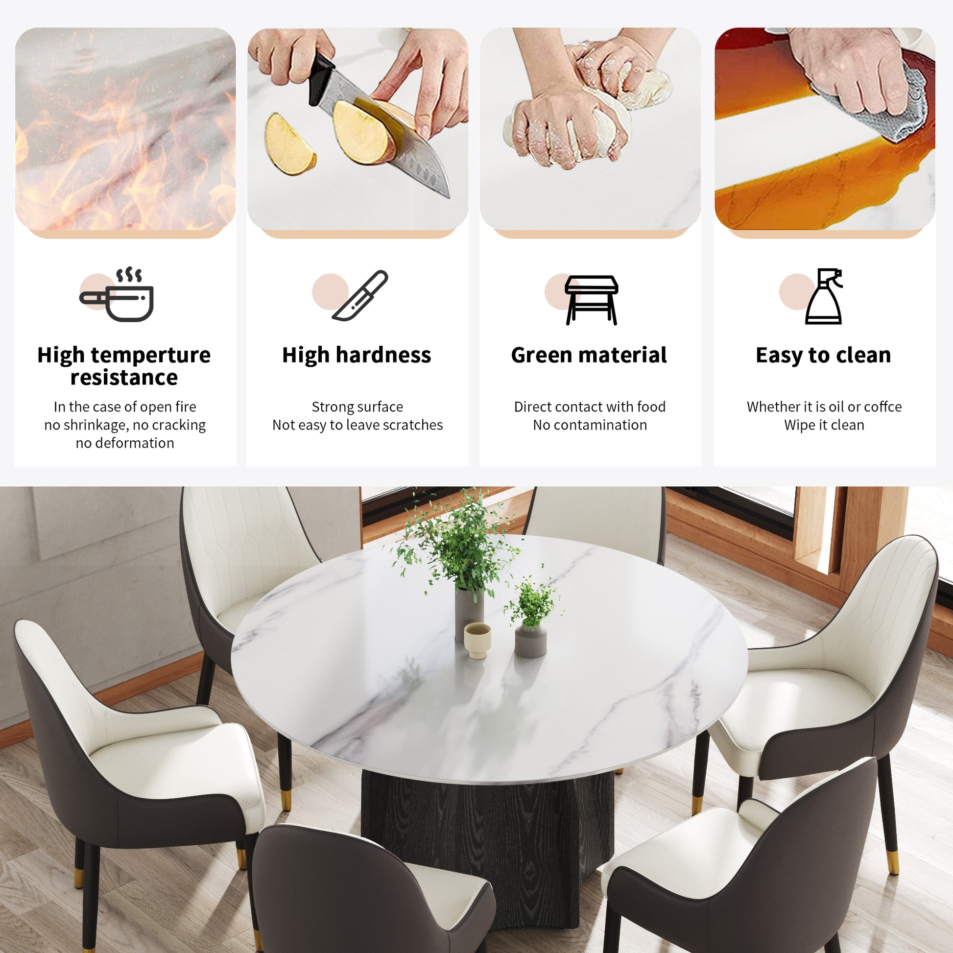 53" Round Marble Dining Table With Black Textured Solid Wood Base, Artificial Marble For 6 People, Dining Room Living Room Kitchen Dining Table,White Dining Table Only Black,White Dining Room Modern