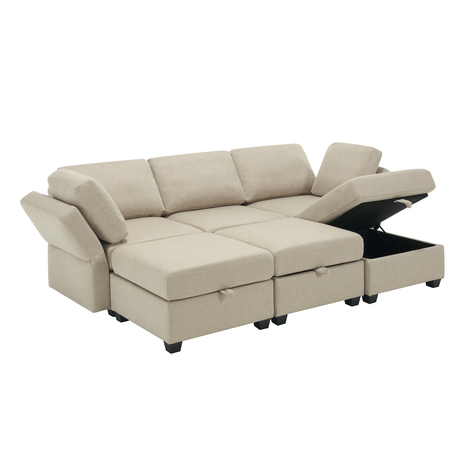 Modular Sectional Sofa Couch Bed With Storage 6 Seater, Sleeper Sofa Bed Couch With Reversible Chaise Ottomans, Adjustable Arms And Backs Beige Beige Polyester 3 Seat
