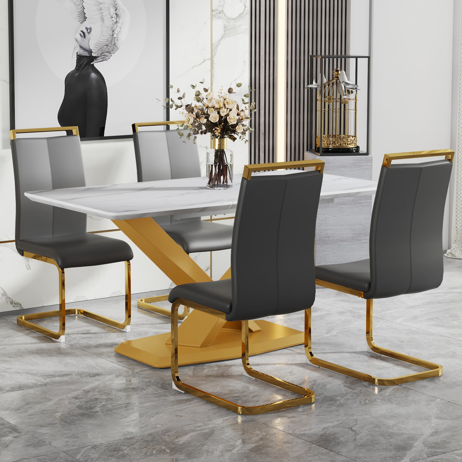 Table And Chair Set, The Table Is Equipped With A Marble Patterned Mdf Tabletop And Gold Table Legs.The Chair Is Equipped With Pu Synthetic Leather High Back Cushion And Gold Coated Metal Legs. Grey Gold Seats 4 Mdf Metal