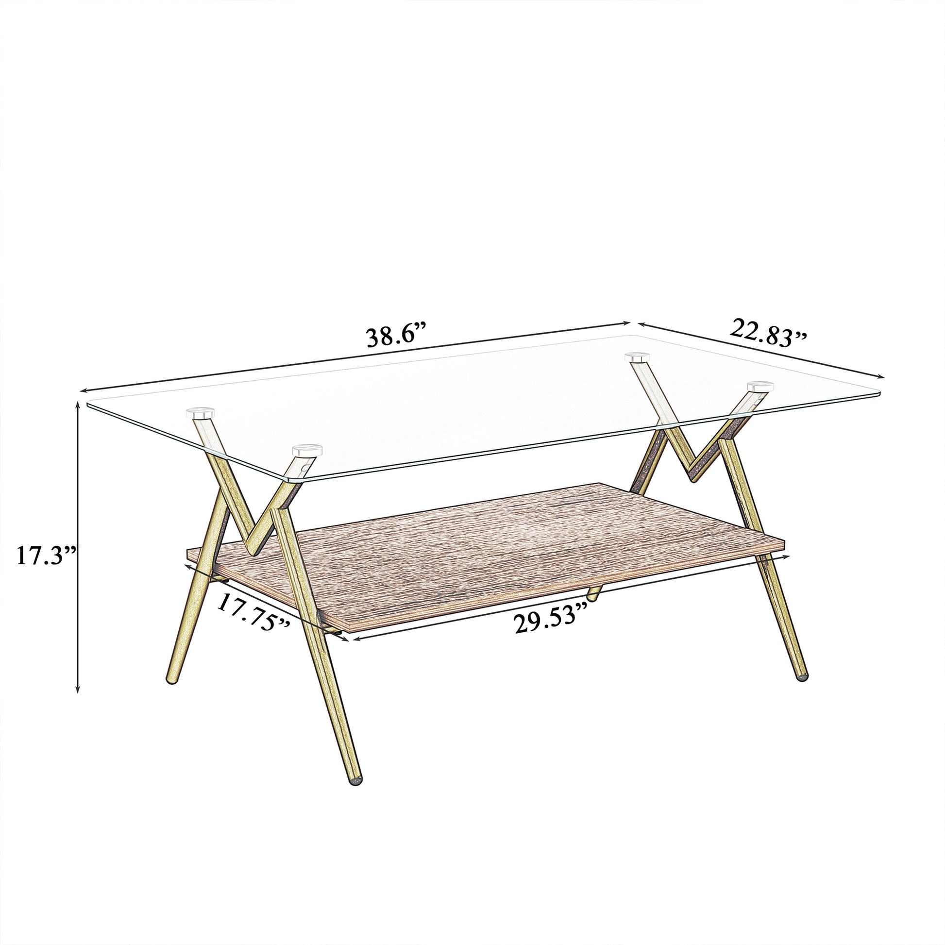 Rectangle Coffee Table With Tempered Glass Top And Golden Metal Legs, Modern Table For Living Roomtransparent Glass Transparent Tempered Glass