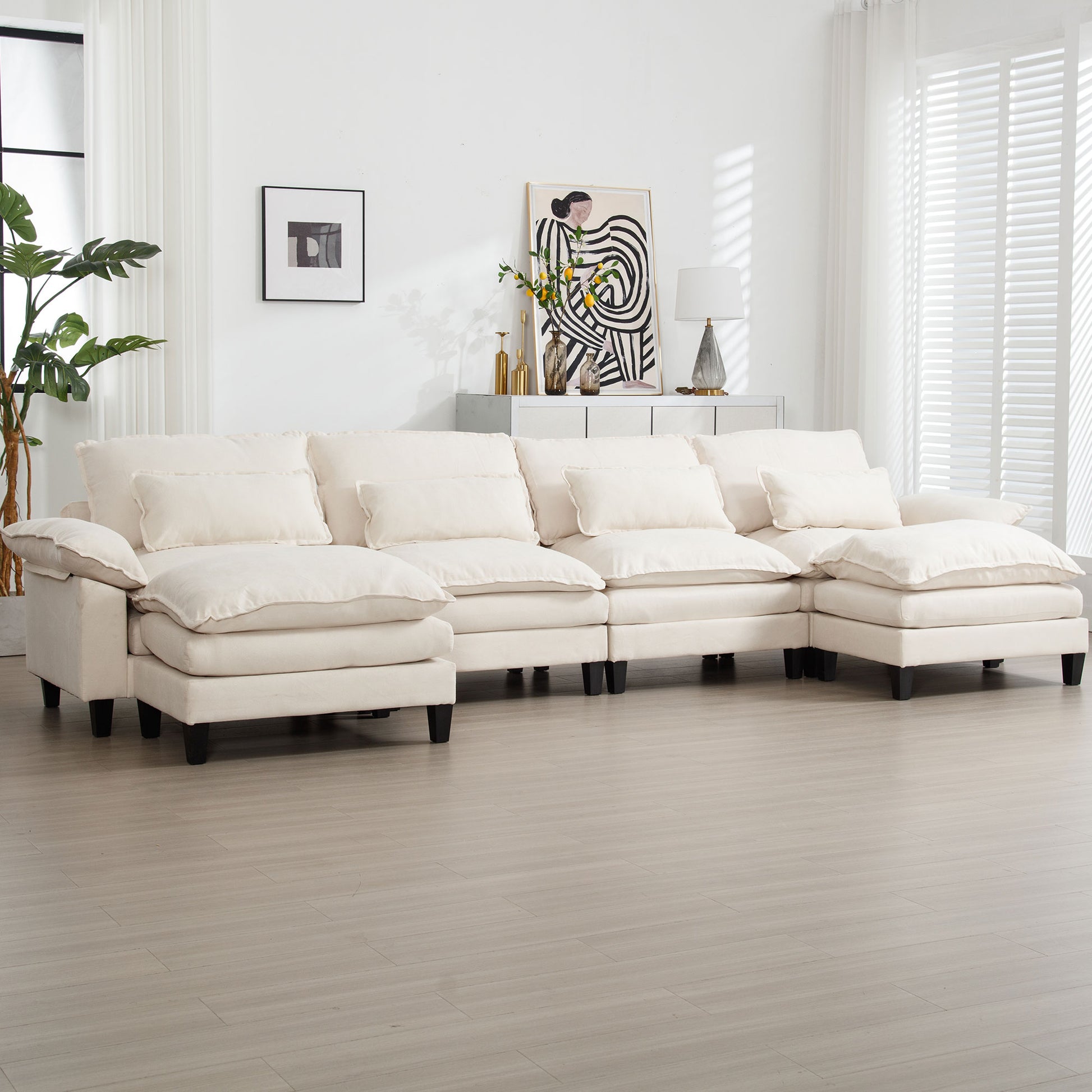 154.8" Oversized Modular Sofaice Velvet Large U Shaped Couch Comfy Upholstered 4 Seat Sofa With 2 Ottoman, 4 Lumbar Pillow, Deep Seat Couch For Living Room Beige Wood Primary Living Space Modern Foam Polyester 6 Seat