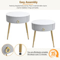 19.6'' Easy Assembly End Tables With High Gloss Faux Marble Tabletops, Set Of 2, Modern Fluted 2 Side Tables With Drawers, Round Coffee Tables With Golden Legs For Living Room, Grey Grey Gold Primary Living Space Drawers Round Mdf Iron