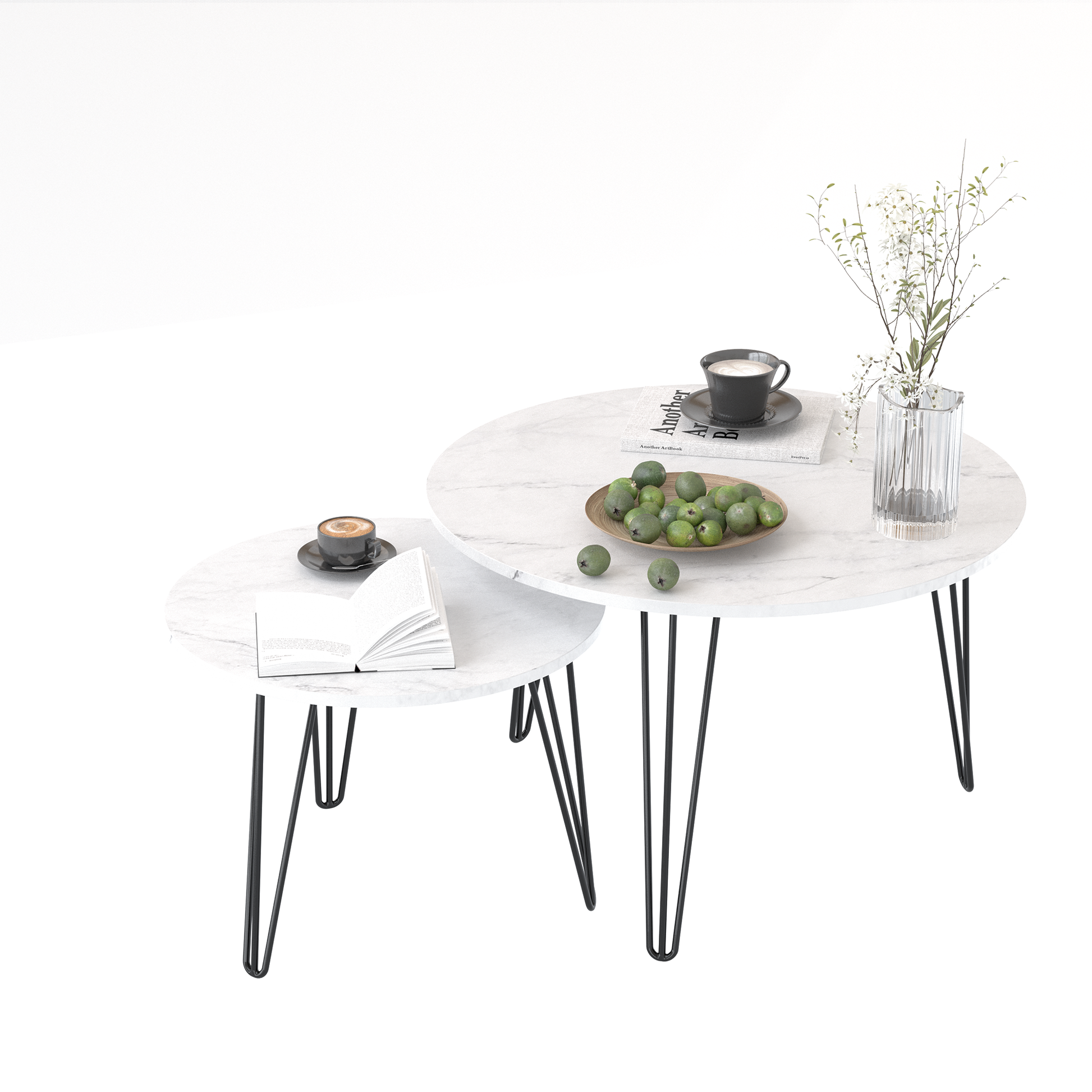 27.56'' Round Nesting Coffee Table Set Of 2, Circular Nesting End Table Set, Round Marble Tabletop, And Sturdy Metal Base For Living Room, Bedroom, White White Round Wood Metal