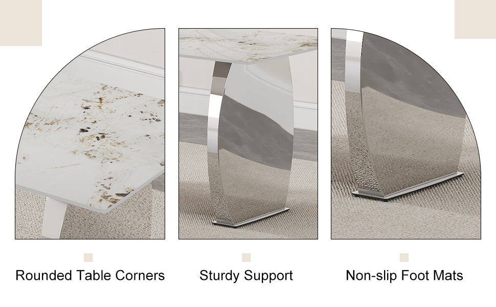 Modern Rectangular Dining Table, Imitation Marbled Rock Plate Table Top, Stainless Steel Table Legs, Suitable For Kitchen, Dining Room, Living Room 63 Inches * 31.4 Inches. Silver Sintered Stone