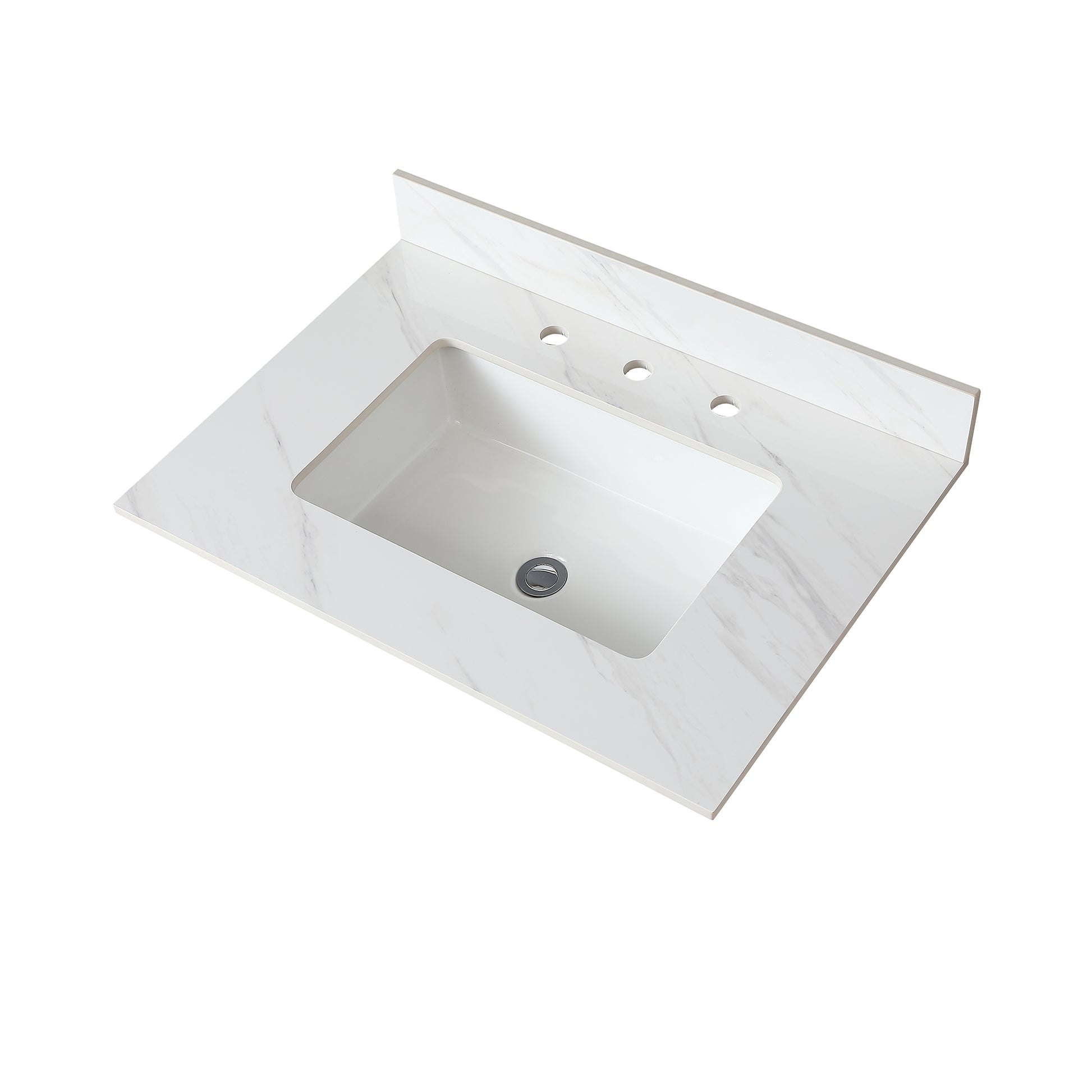 31 Inch Marble Vanity Top, White Vanity Top With Pre Drilled Faucet Holes, Bathroom Vanity Top With Undermount Rectangular Middle Sink And 4" Height Backsplash, Bianco Carrara Venato White Bathroom Sintered Stone