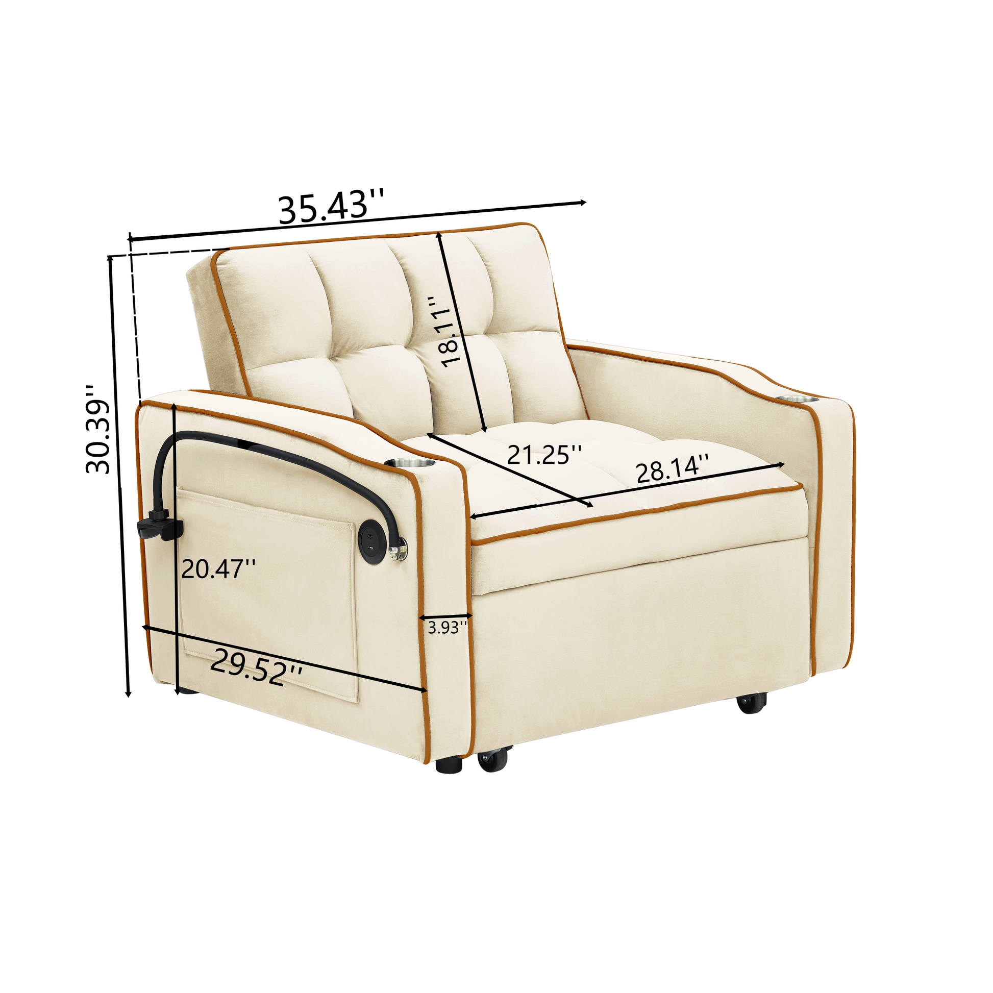 1 Versatile Foldable Sofa Bed In 3 Lengths, Modern Sofa Sofa Sofa Velvet Pull Out Bed, Adjustable Back And With Usb Port And Ashtray And Swivel Phone Stand Creamy White Creamy White Light Brown Velvet Wood Primary Living Space Cushion Back Light Duty