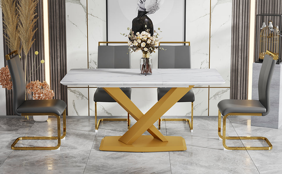 Table And Chair Set, The Table Is Equipped With A Marble Patterned Mdf Tabletop And Gold Table Legs.The Chair Is Equipped With Pu Synthetic Leather High Back Cushion And Gold Coated Metal Legs. Grey Gold Seats 4 Mdf Metal