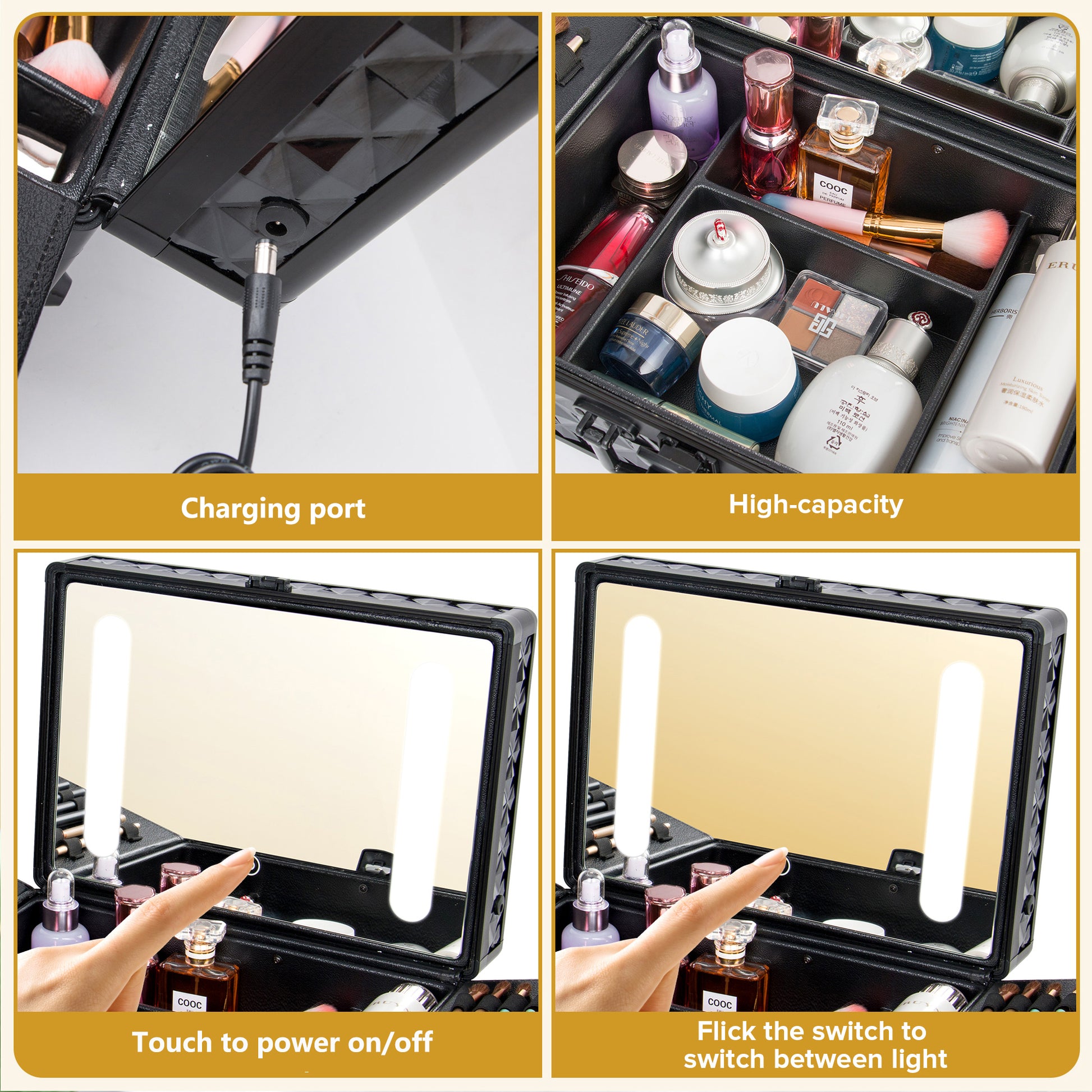 Portable Makeup Case With Led Mirror Travel Makeup Bag Cosmetic Organizer Box With Locks, Brush Holder, Dividers, Rechargeable, Black Black Aluminium Alloy