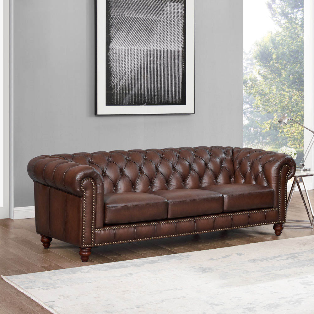 Alton Bay Top Grain Leather Sofa Couch Brown Genuine Leather Wood Primary Living Space Medium Firm Tufted Back Mid Century Modern Eucalyptus Rolled Arms Down Filling Leather 3 Seat