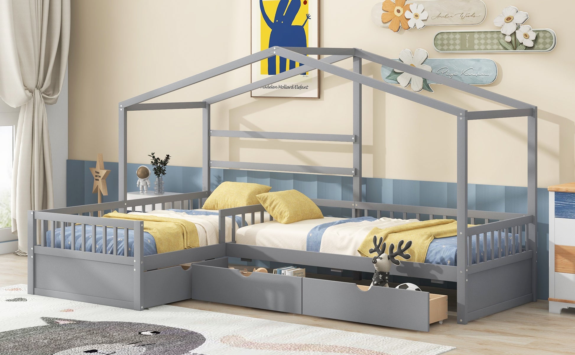 Twin Size House Platform Bed With Three Storage Drawers,Gray Box Spring Not Required Twin Gray Wood Bedroom Pine