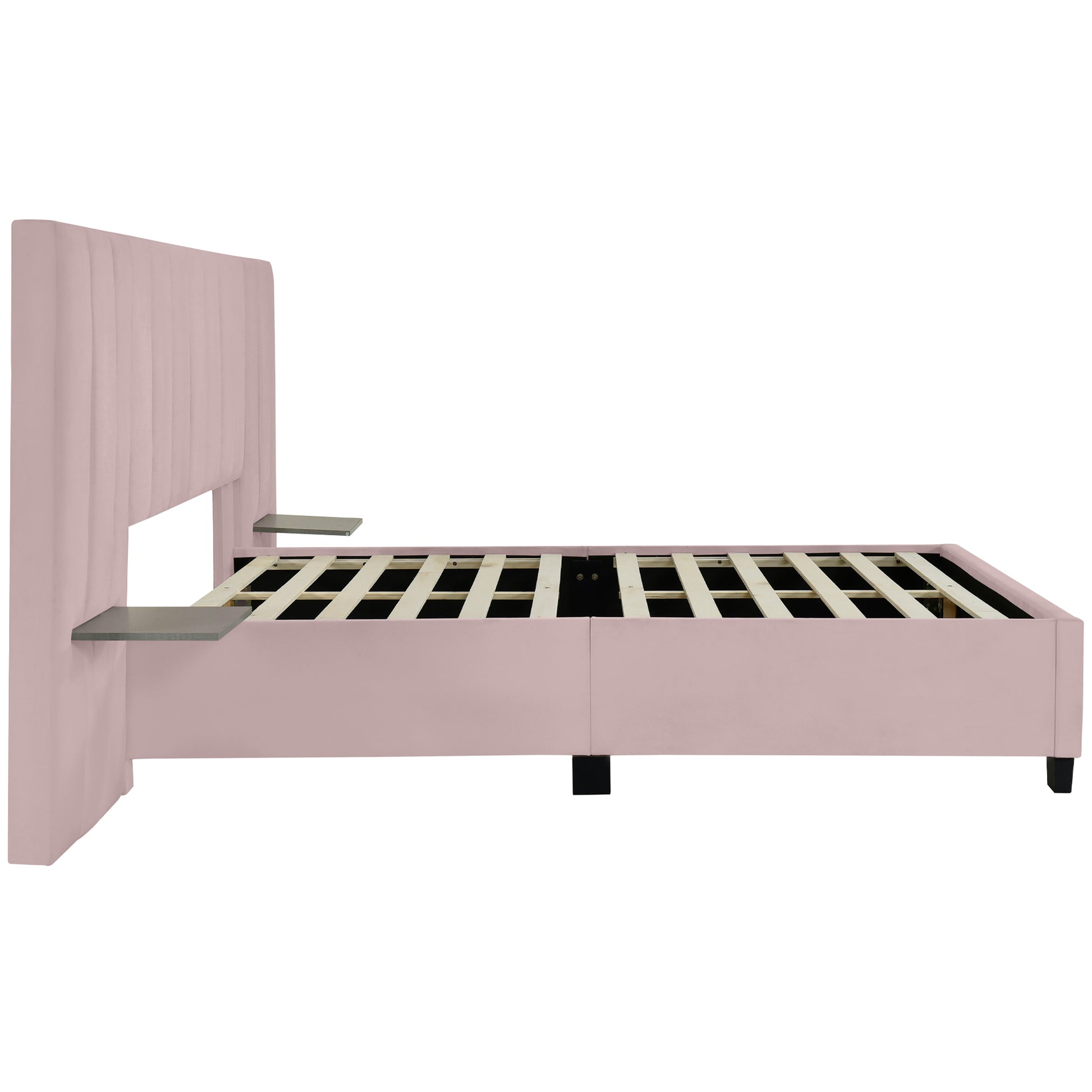 Queen Size Upholstered Platform Bed With Big Headboard, Bedroom Furniture, Velvet, Pink Queen Pink Plywood