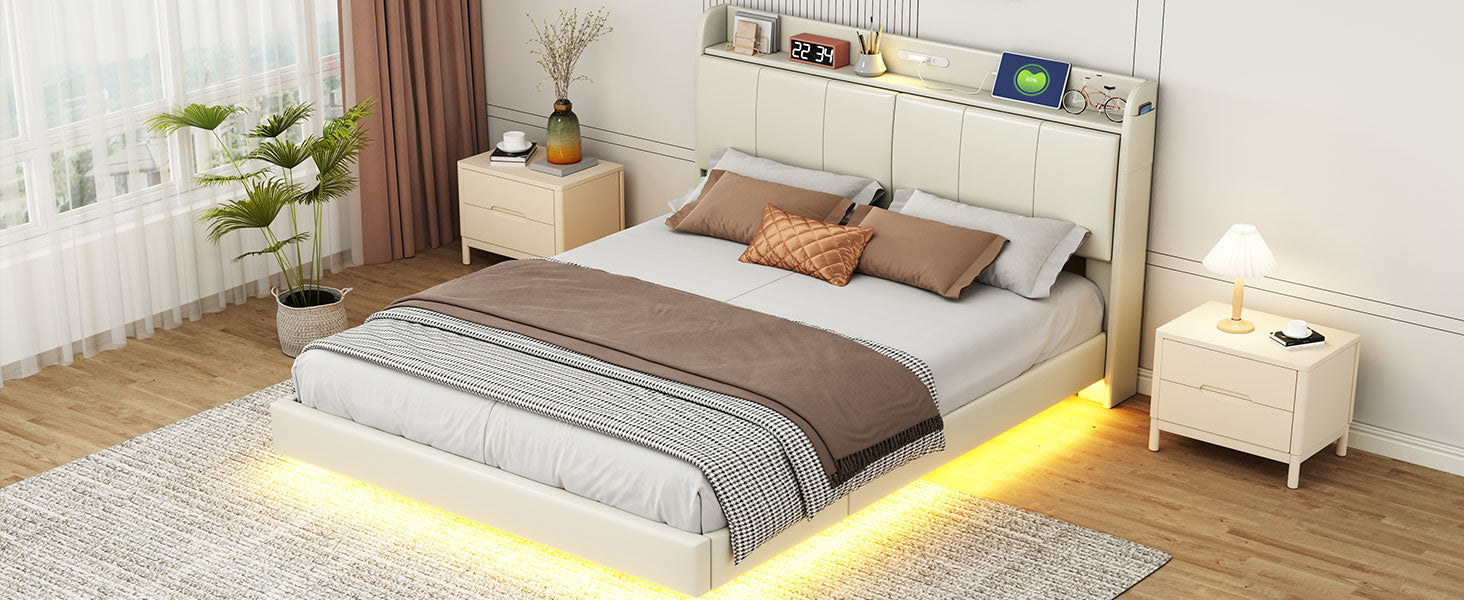 Queen Size Floating Bed Frame With Storage Headboard, Modern Upholstered Platform Bed With Touch Sensor Night Light And Usb Charger, Beige Queen Beige Bed Frame Wood
