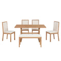 Farmhouse Classical 6 Piece Dining Table Set With Trestle Legs,Kitchen Table Set For 6 With 4 Upholstered Dining Chairs And Bench, Natural Wood Dining Room Solid Wood Rubberwood Rectangular Dining Table With Chair And Bench Upholstered Chair Wood Natural