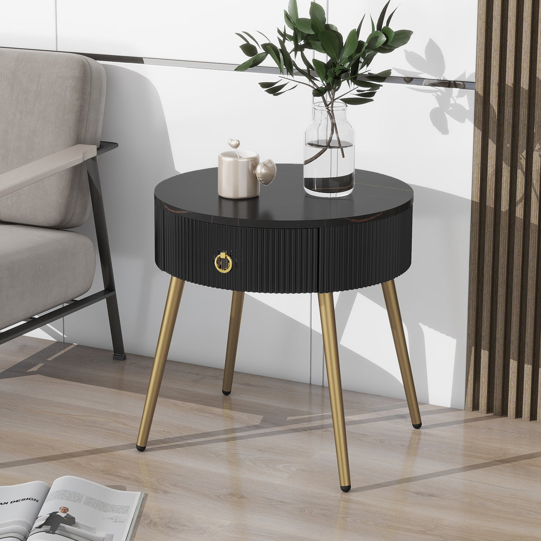 19.6'' Easy Assembly End Tables With High Gloss Faux Marble Tabletops, Set Of 2, Modern Fluted 2 Side Tables With Drawers, Round Coffee Tables With Golden Legs For Living Room, Black Black Gold Primary Living Space Drawers Round Mdf Iron