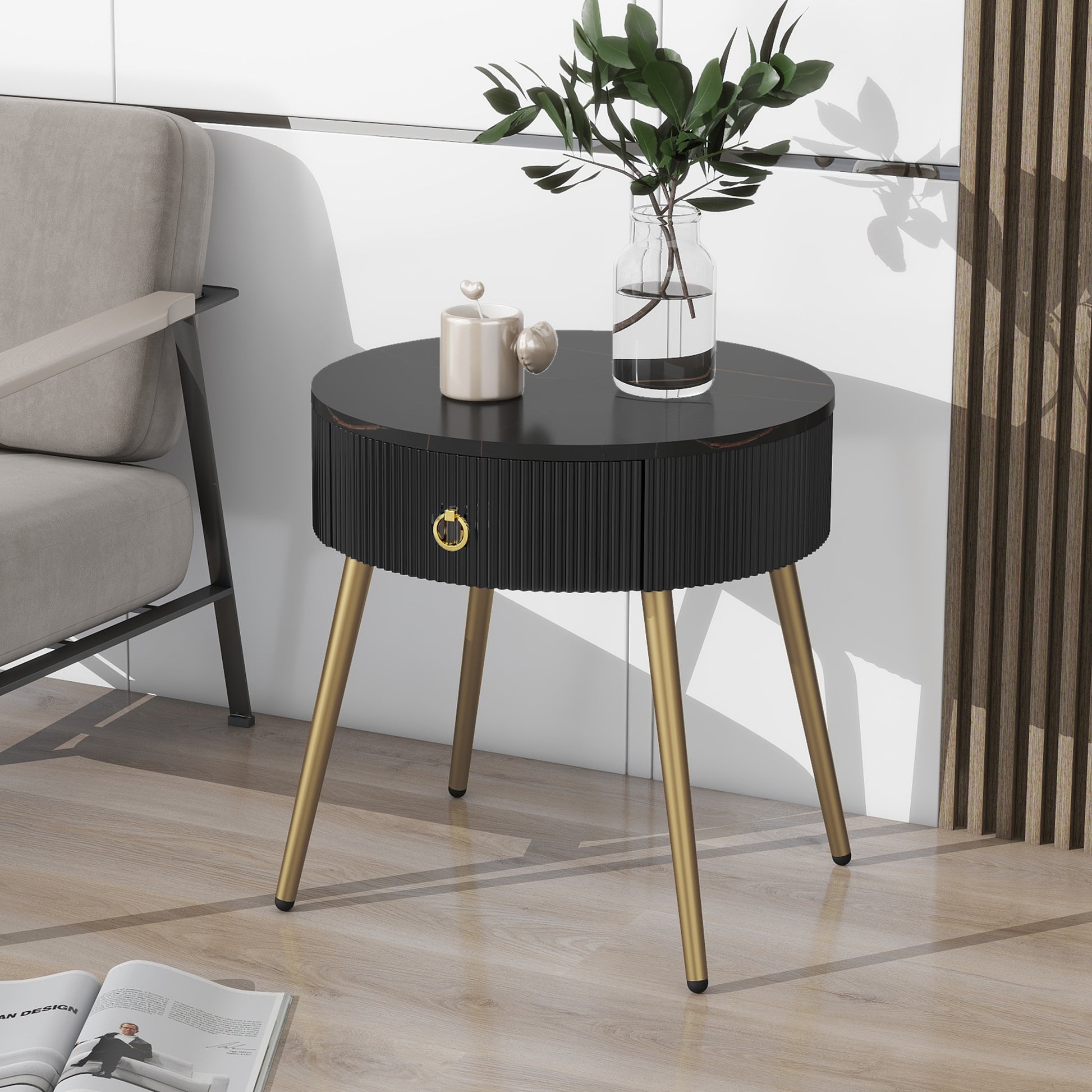 19.6'' Easy Assembly End Tables With High Gloss Faux Marble Tabletops, Set Of 2, Modern Fluted 2 Side Tables With Drawers, Round Coffee Tables With Golden Legs For Living Room, Black Black Gold Primary Living Space Drawers Round Mdf Iron