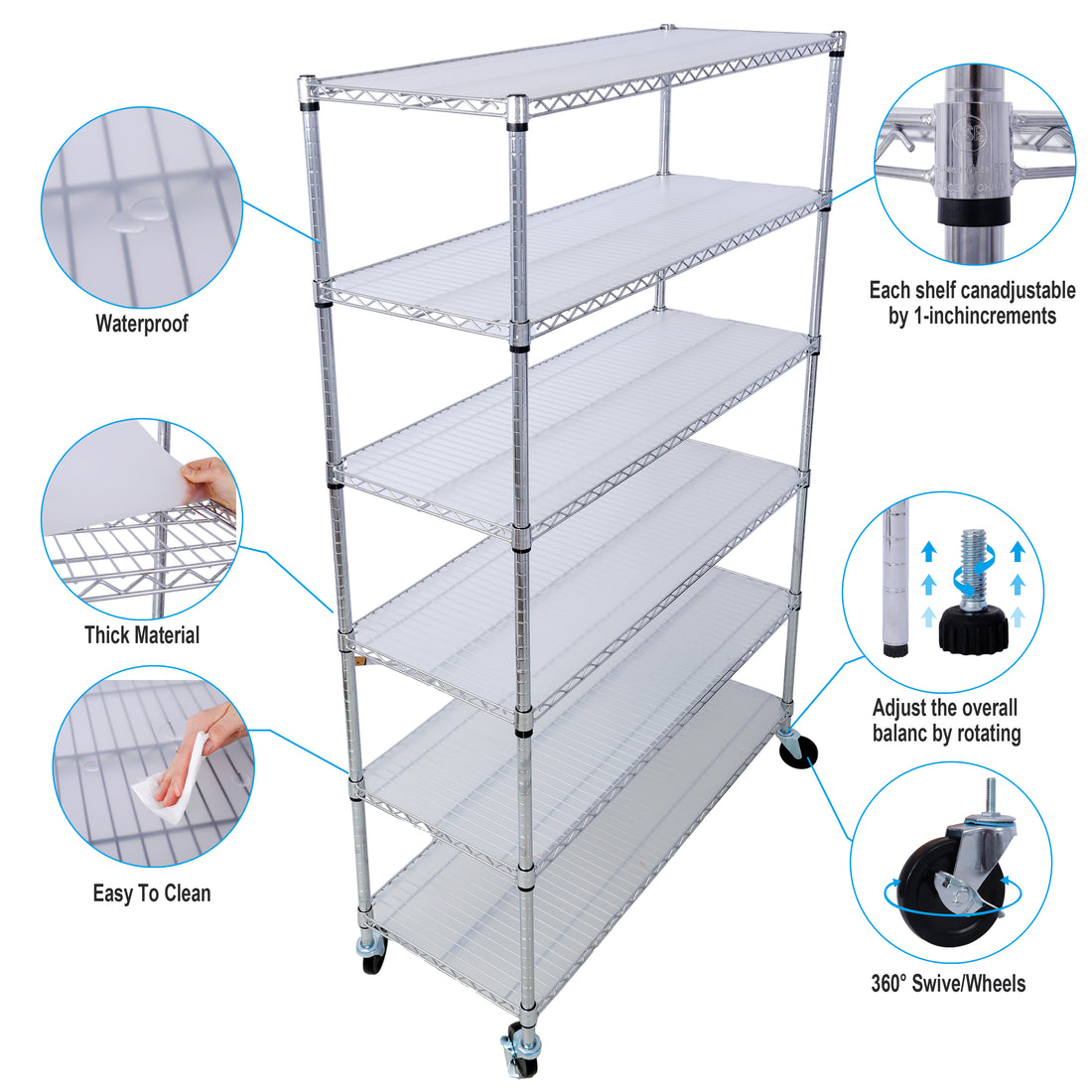 6 Tier 6000Lbs Capacity Nsf Metal Shelf Wire Shelving Unit, Heavy Duty Adjustable Storage Rack With Wheels & Shelf Liners For Commercial Grade Utility Steel Storage Rack, Chrome 82"H X 48"L X 18"D Chrome Metal