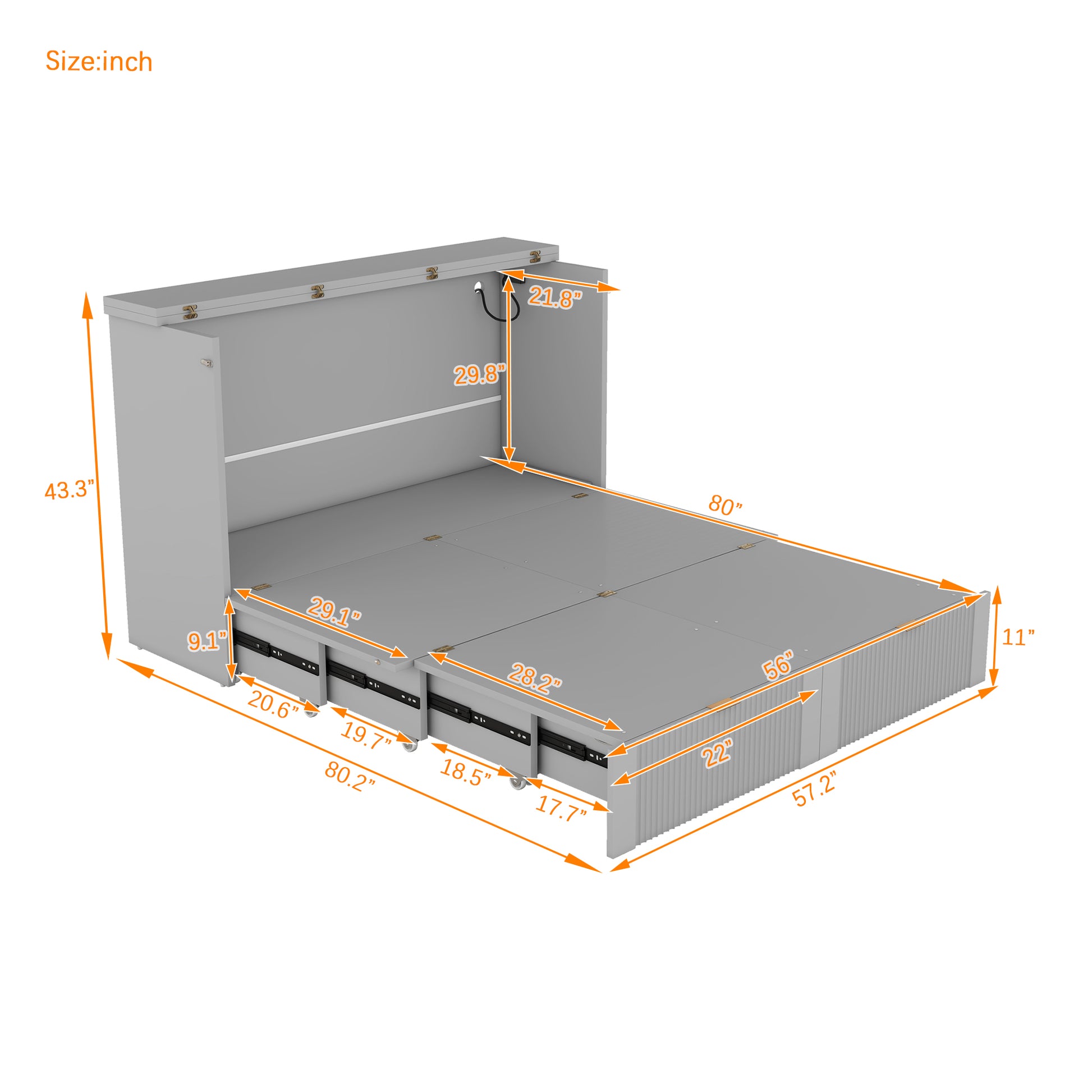 Full Size Murphy Bed With Drawer And A Set Of Sockets & Usb Ports, Pulley Structure Design, Gray Full Gray Plywood