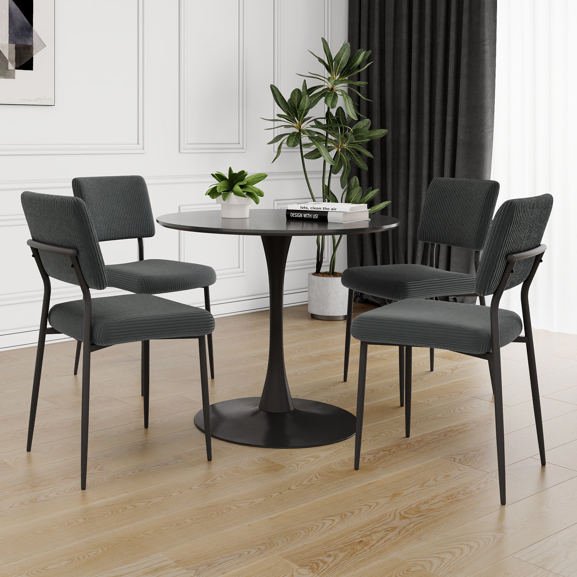 Modern Grey Simple Velvet Dining Chair Fabric Upholstered Chair Family Bedroom Stool Back Dressing, Black Round Table Set, Chair Black Metal Legs Set Of 5 Black Mdf