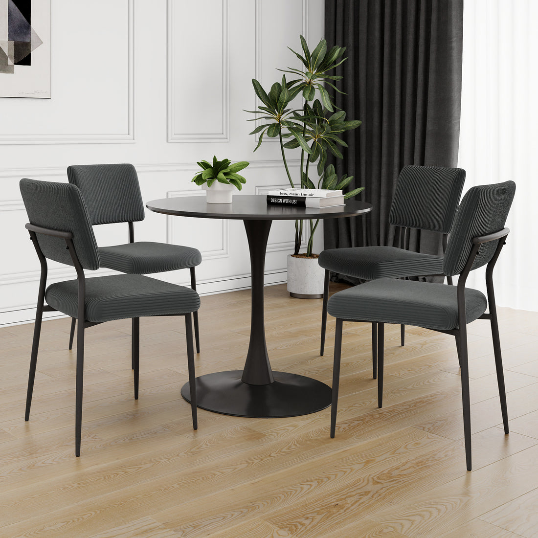 Modern Grey Simple Velvet Dining Chair Fabric Upholstered Chair Family Bedroom Stool Back Dressing, Black Round Table Set, Chair Black Metal Legs Set Of 5 Black Mdf