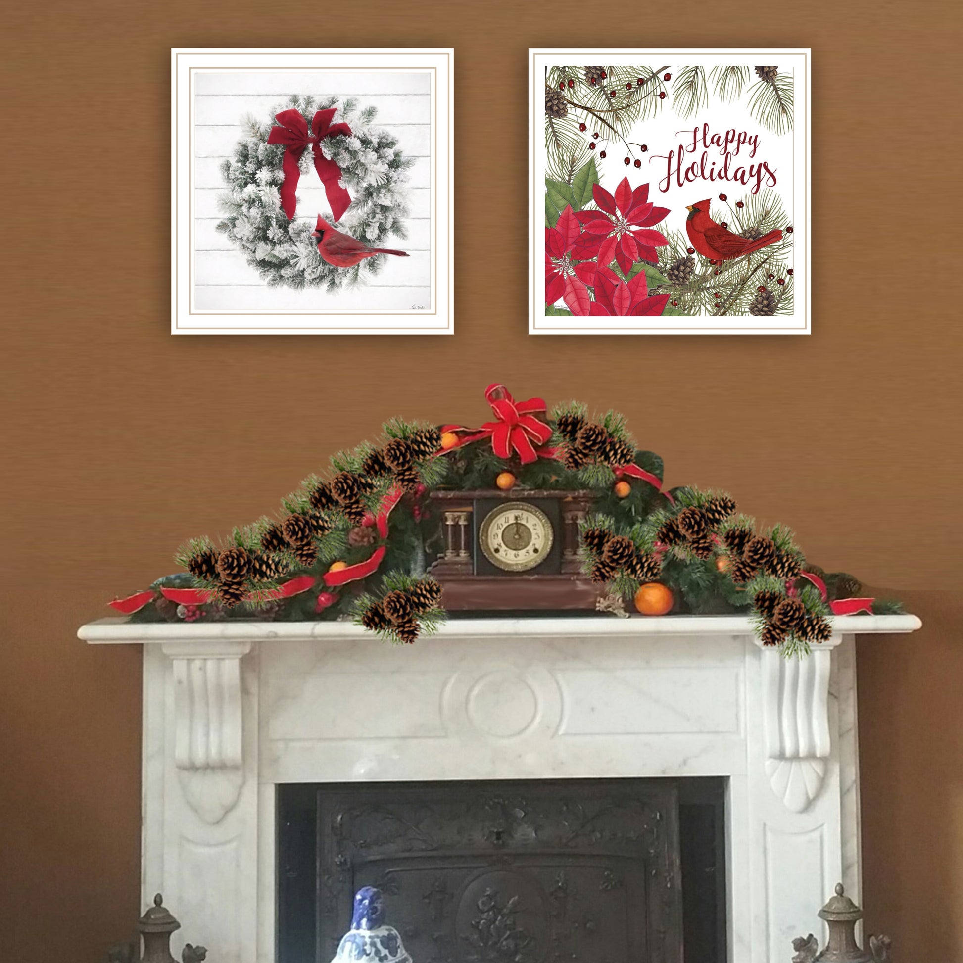 2 Piece Vignette Cardinal Wreath White Framed Wall Art For Living Room, Bedroom Wall Art Print For Home Decor By Linda Spivey Multicolor Wood Paper