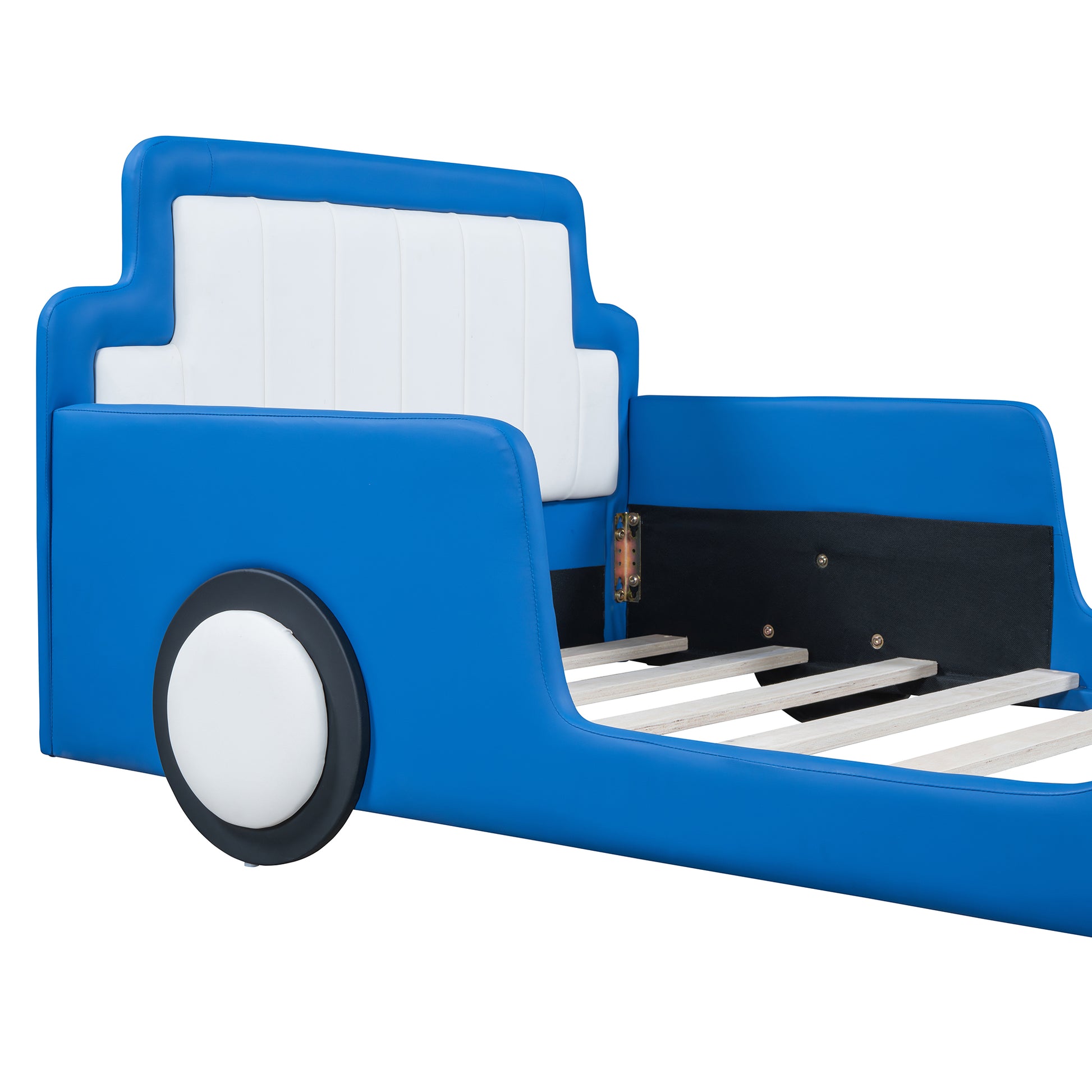 Twin Size Race Car Shaped Platform Bed With Wheels,Blue Twin Blue Pu Leather