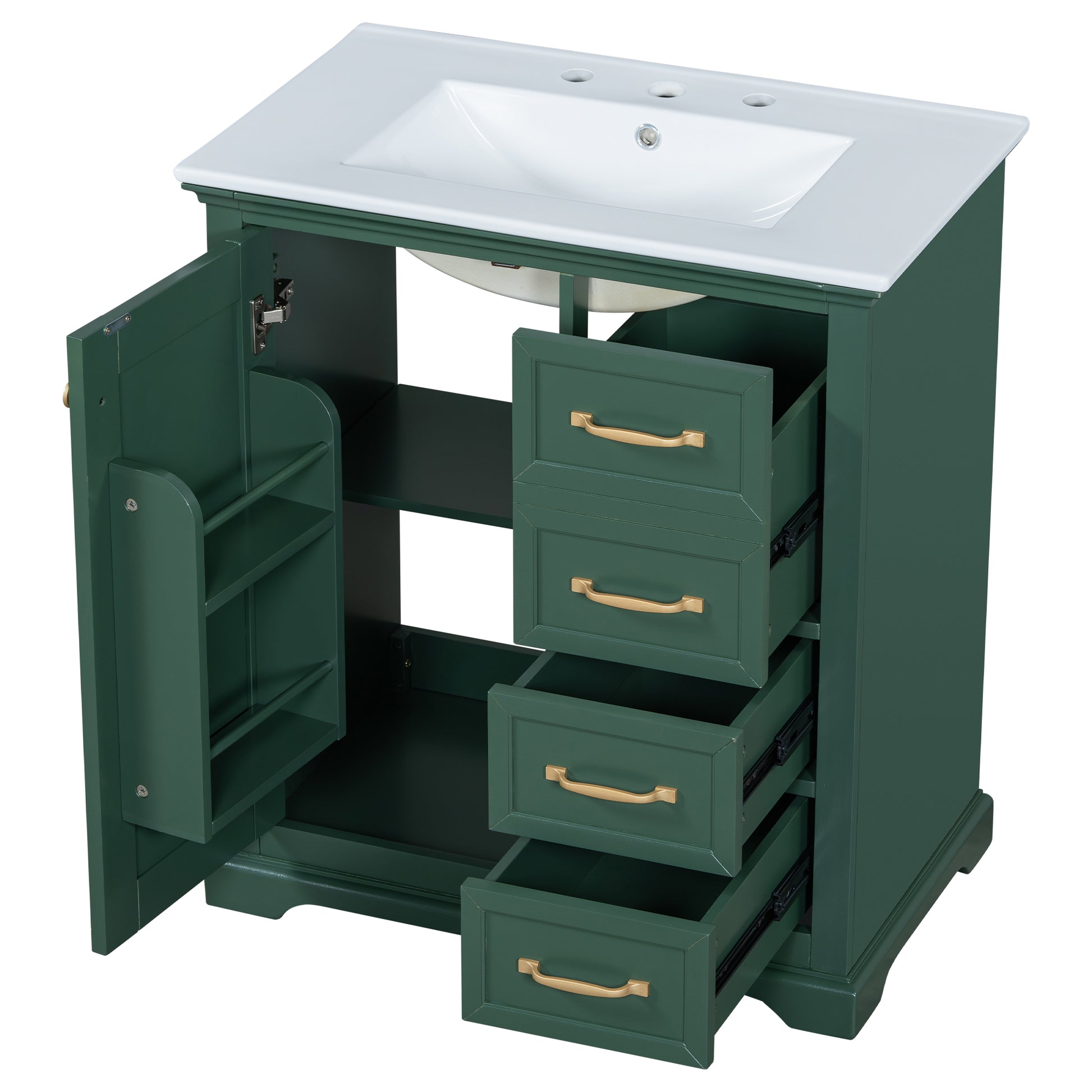 30" Bathroom Vanity With Sink, One Package, Green Bathroom Cabinet With Drawers, Solid Frame And Mdf Board Green Solid Wood Mdf