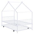 Twin Size Metal House Bed With Twin Size Trundle, White Twin White Metal